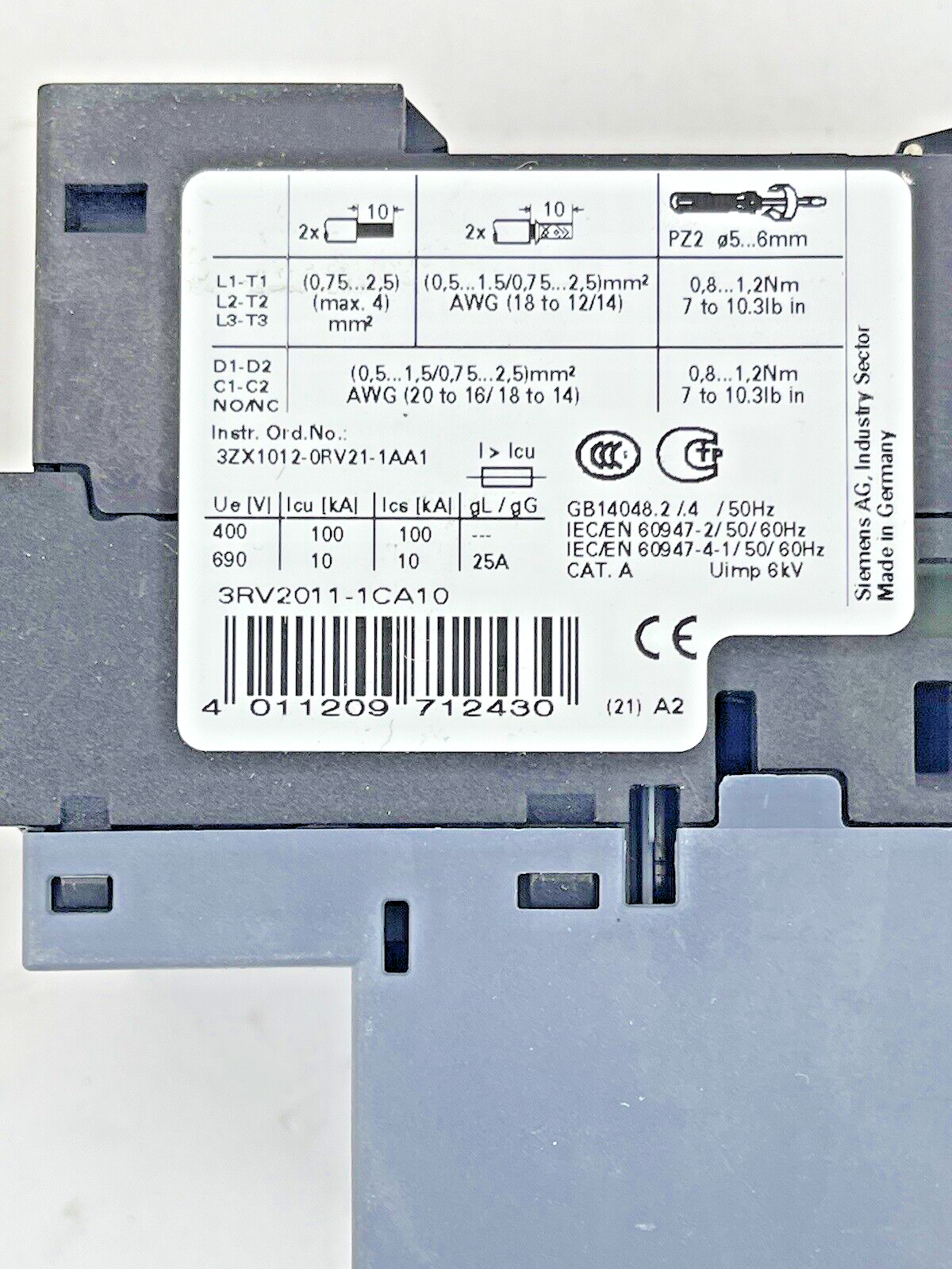 SIEMENS - 3RV2011-1CA10 - CIRCUIT BREAKER / MOTOR PROTECTOR