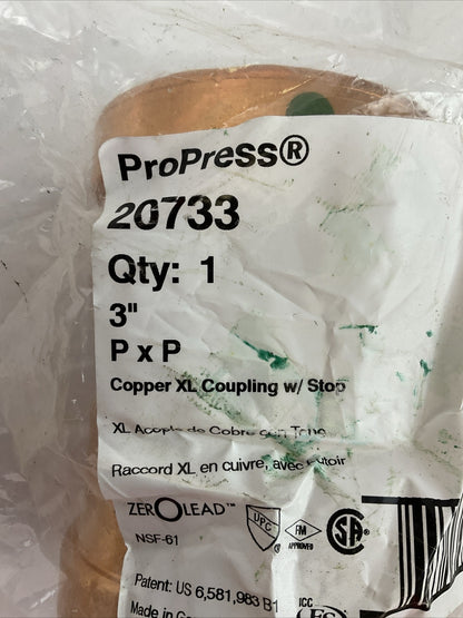 PROPRESS 20733 3" PXP COPPER XL COUPLING W/STOP