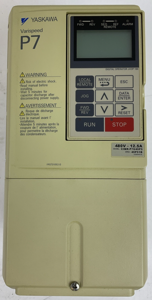 YASKAWA CIMR-P7U45P5 AC DRIVE OUTPUT 3PH 0-480V 12.5A 9.5kVA INPUT 3PH 380-480V