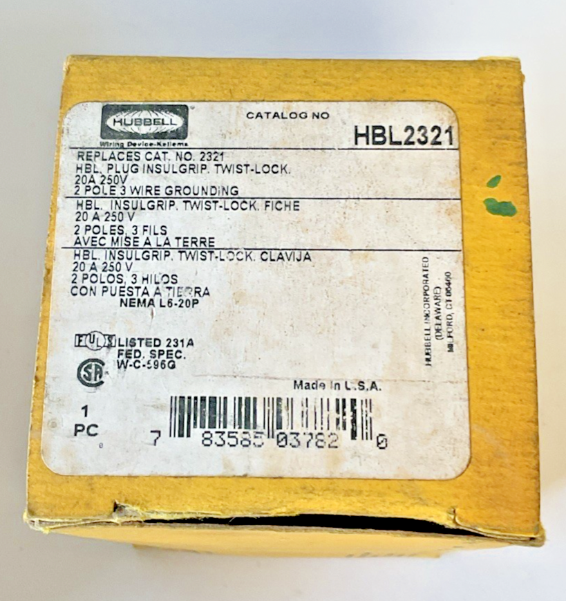 HUBBELL HBL2321 TWIST LOCK PLUG 20A 250V 2POLE 3WIRE ***LOTOF2***