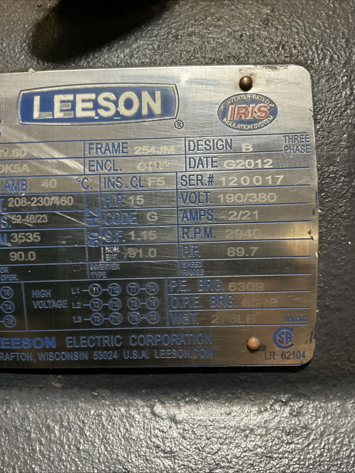 LEESON G151381.60 20HP 3535 RPM 208-230/460V 60HZ 3 PHASE 1-1/4" SHAFT DIA