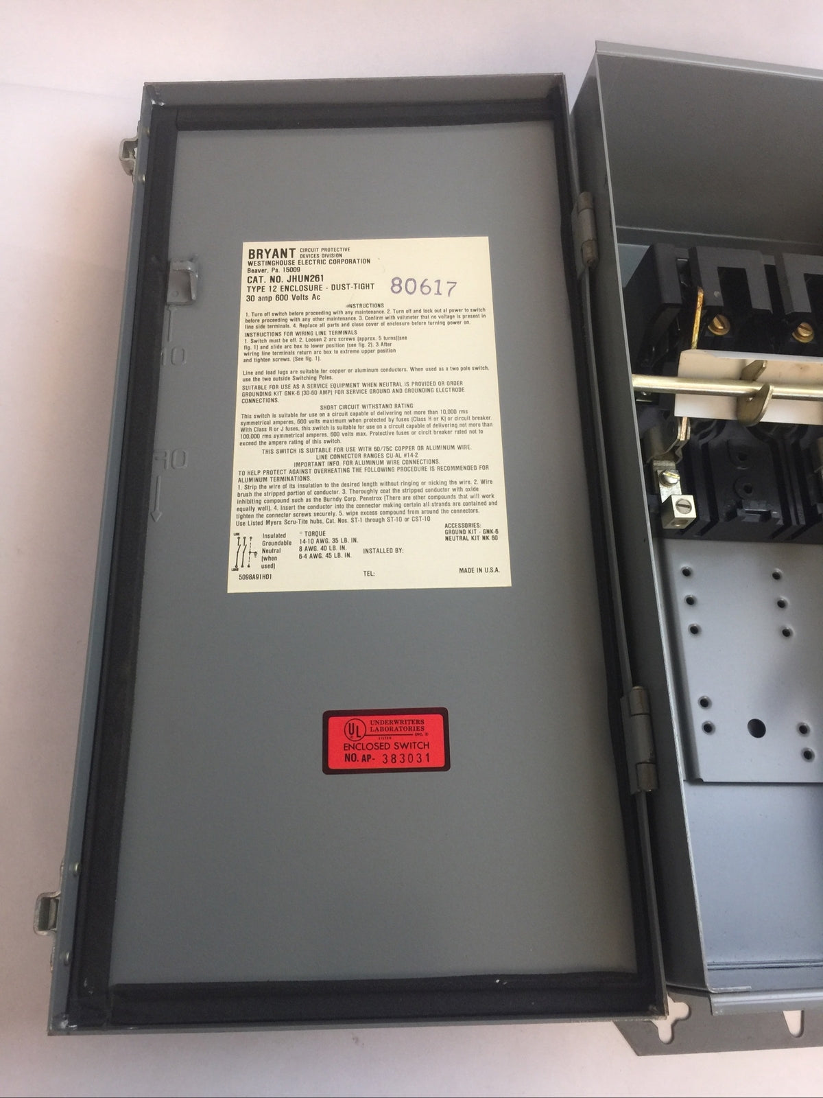 WESTINGHOUSE JHUN261 NON FUSIBLE SAFETY SWITCH 600V 30A 15HP TYPE 12 DUST-TIGHT