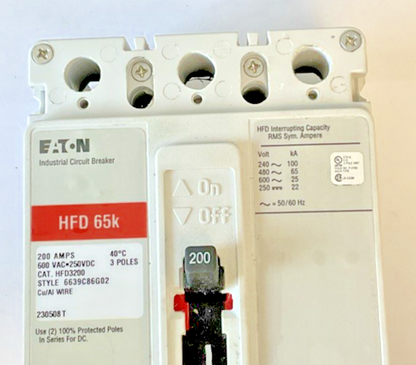 EATON HFD3200 CIRCUIT BREAKER 200AMP 3POLES 600VAC 250VDC