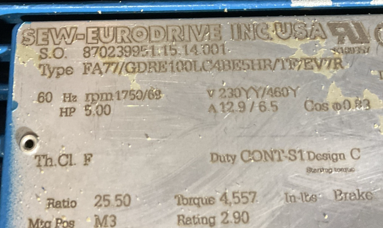 SEW EURODRIVE FA77/GDRE100LC4BE5HR/TF/EV7R GEARBOX MOTOR 5HP 1750RPM 25.50RATIO