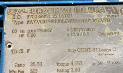 SEW EURODRIVE FA77/GDRE100LC4BE5HR/TF/EV7R GEARBOX MOTOR 5HP 1750RPM 25.50RATIO
