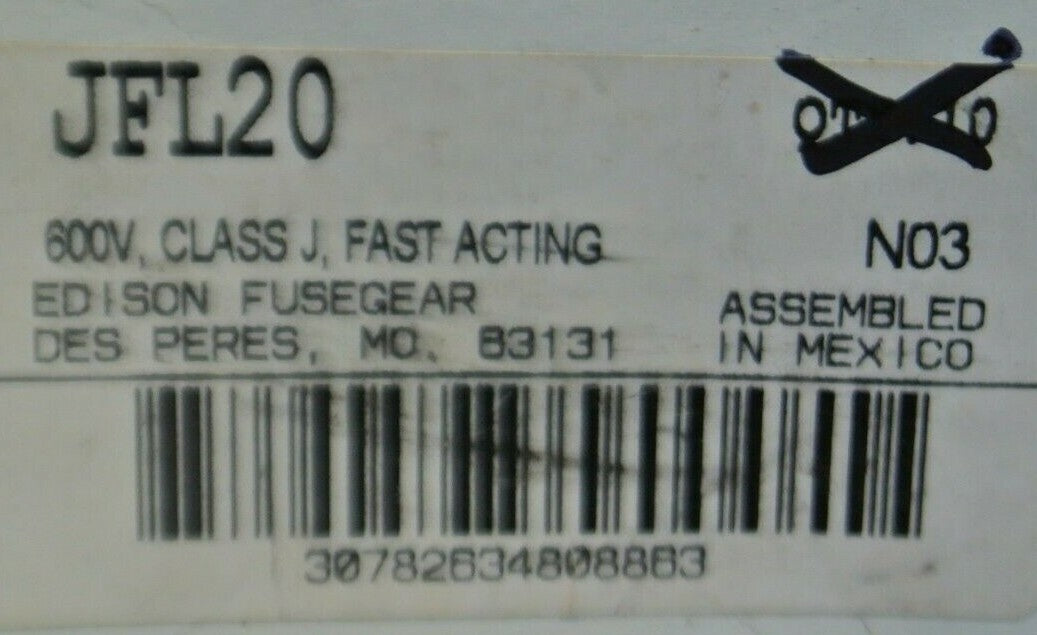 LOT of 8 / EDISON JFL20 CLASS J FAST-ACTING FUSE / 20A / 600V / NEW SURPLUS