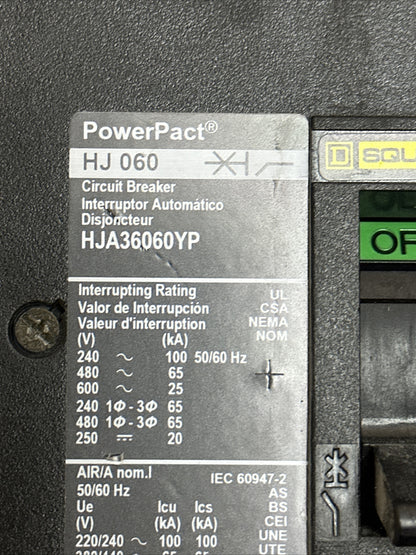 SQUARE D HJA36060YP POWER PACT CIRCUIT BREAKER 60A 600VAC 250VDC 3POLE