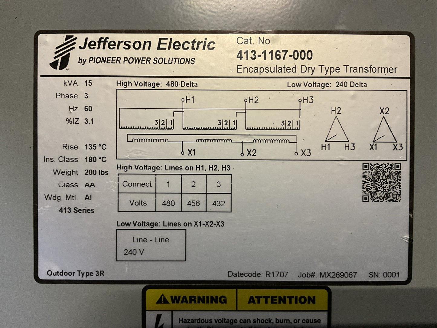 JEFFERSON ELECTRIC 413-1167-000 15KVA 3PH 60HZ HIGH VOLTAGE 480 DELTA LOW VOLTAG