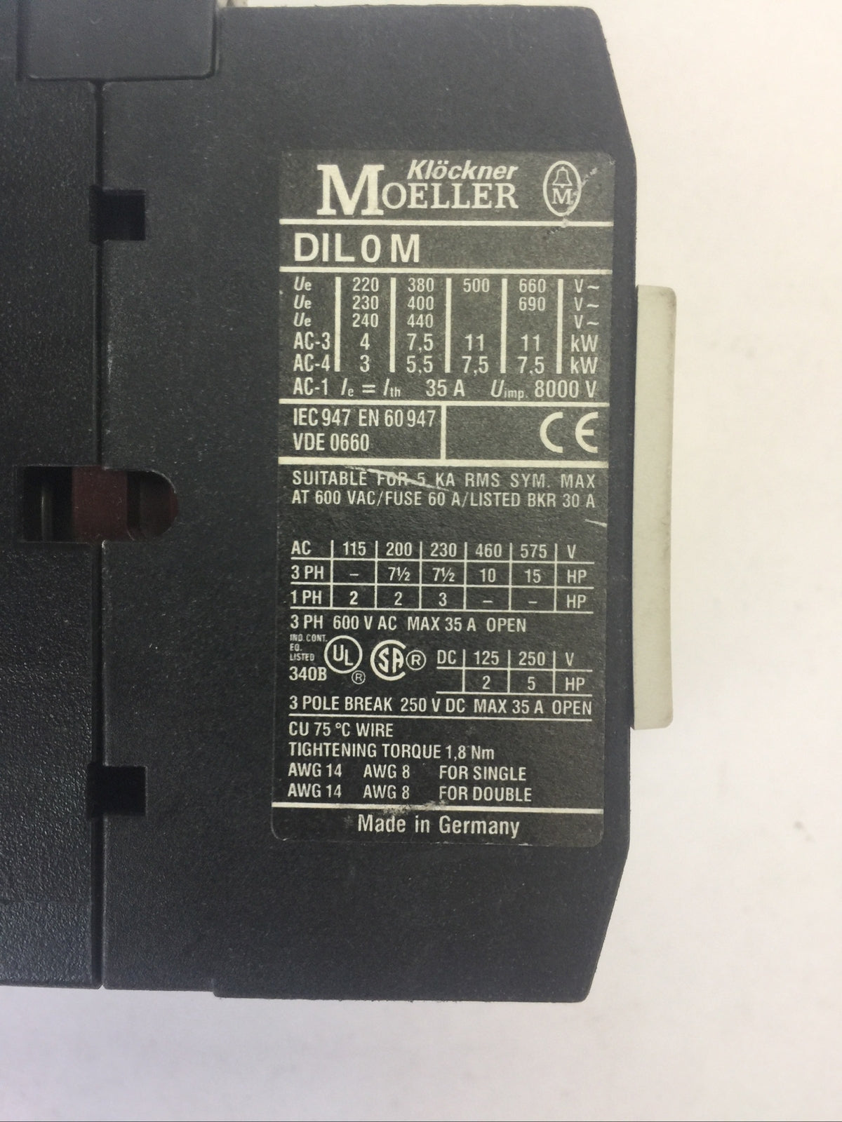 KLOCKNER MOELLER STARTER DIL 0M CONTACTOR 3POLE 250VDC 35A 15HP COIL 240V 60HZ