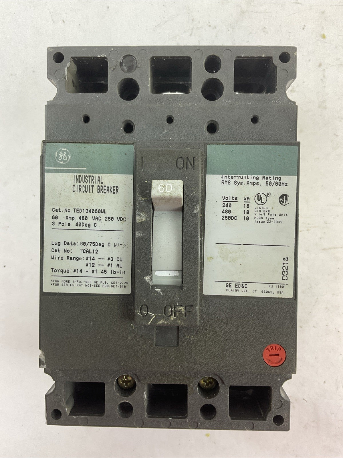 GE TED134060WL INDUSTRIAL CIRCUIT BREAKER 60AMP 480VAC 250VDC 3POLE