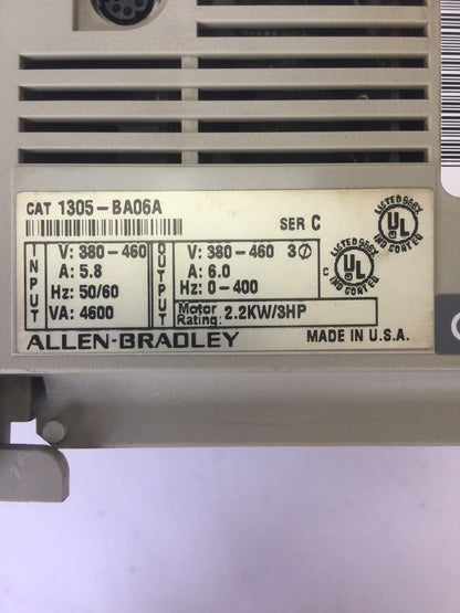 ALLEN BRADLEY 1305-BA06A AC DRIVE INPUT 380-460V 5.8A OUTPUT 380-460V 6A 3 HP