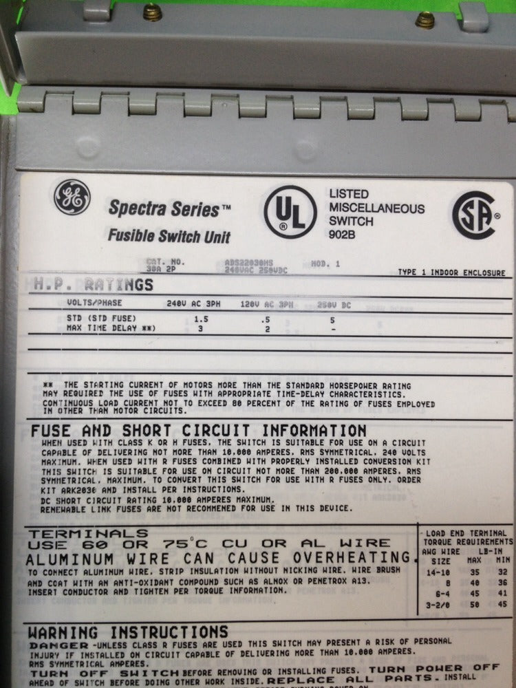 GE SPECTRA SERIES FUSIBLE SWITCH UNIT ADS22030HS 30A 240V 3HP