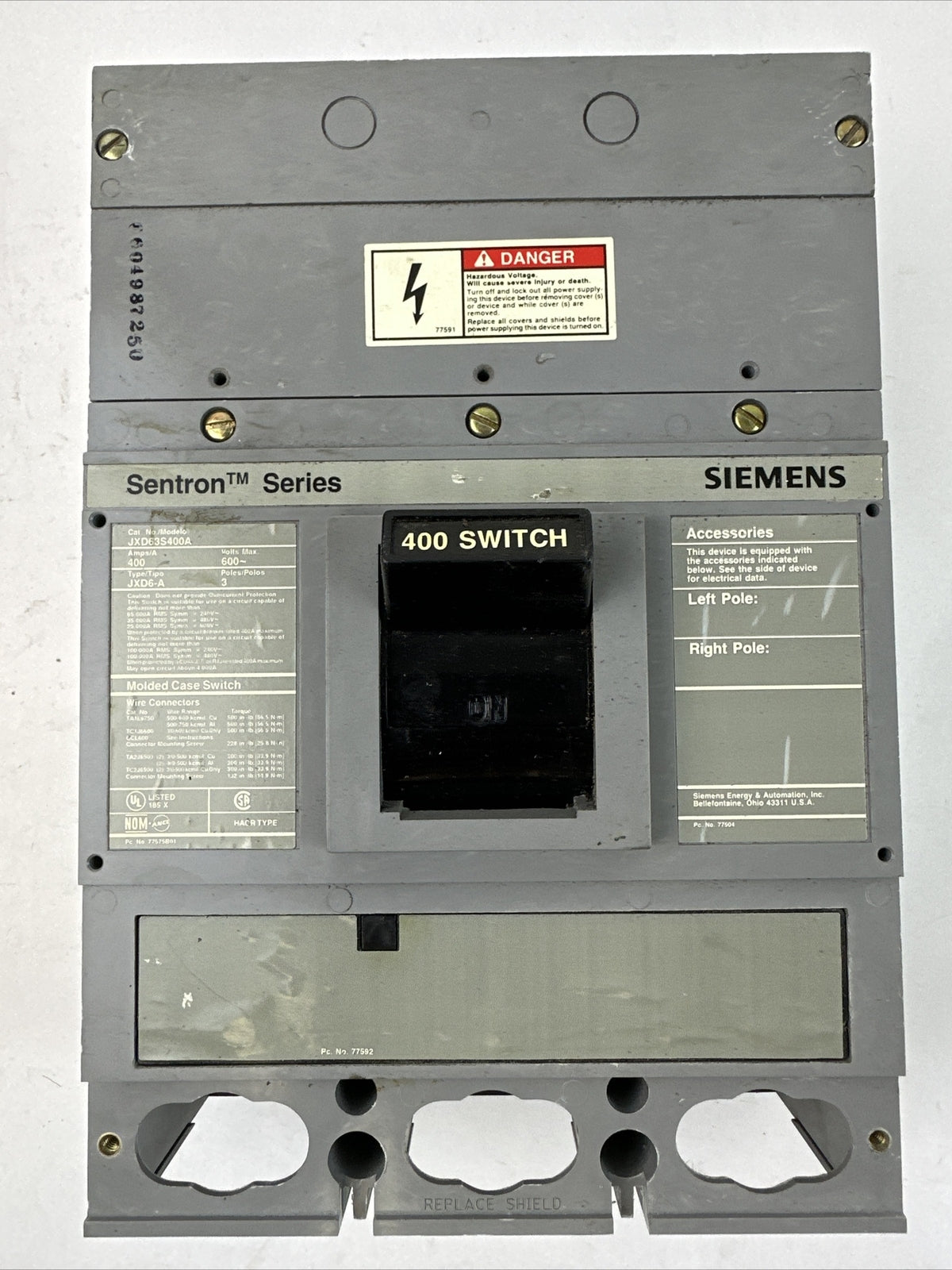 SIEMENS JXD63S400A MOLDED CASE SWITCH 600VAC 400A 3P TYPE JXD6-A SENTRON SERIES