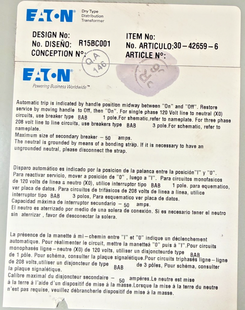 EATON P48G28T1518CUB MINI POWER CENTER PRIM.480V SEC.280Y/120 15KVA 60HZ REV.00
