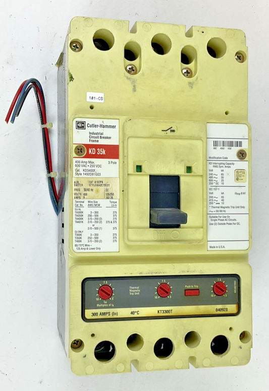 CUTLER-HAMMER KD3400F 400A 3POLE 600VAC 250VDC W/ KT3300T 300A TRIP UNIT A1X3PK