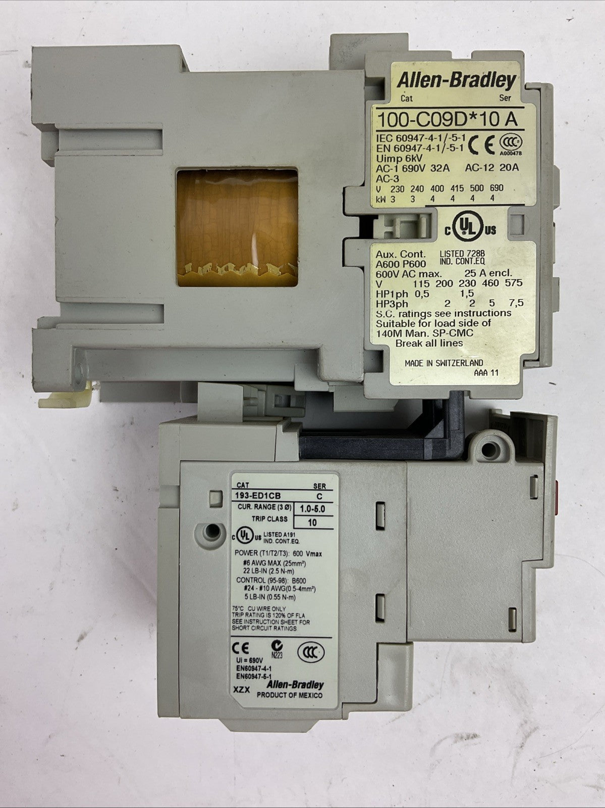 ALLEN BRADLEY STARTER(100-C09D*10 CONTACTOR 24VDC COIL+193-ED1CB RELAY 1.0-5.0A)