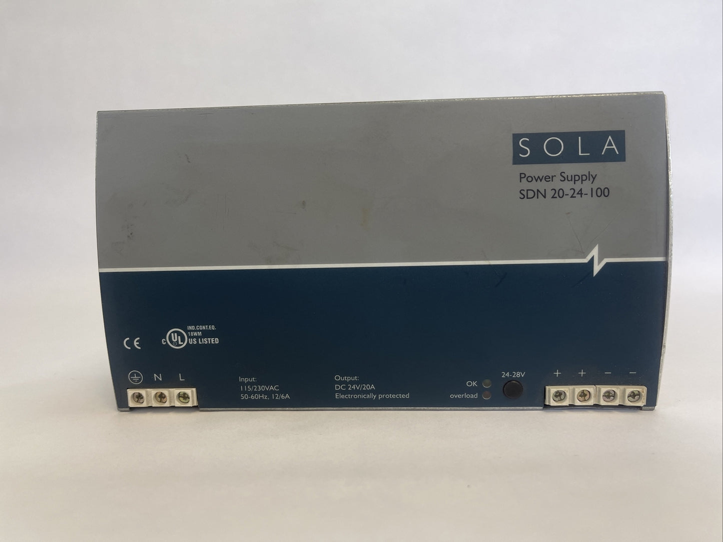 SOLA 20-24-100 OVP POWER SUPPLY OUTPUT 24-28VDC 20A INPUT 115/230VAC12/6A
