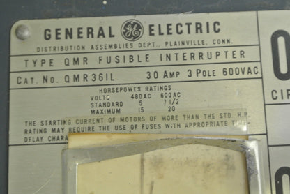 GE QMR361L - FUSIBLE DISCONNECT / PANELBOARD SWITCH - 600VAC, 30A, 3-POLE