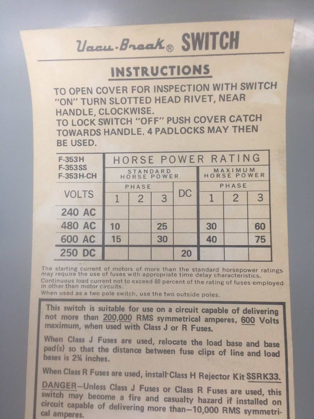 GOULD I-T-E F353H-CH FUSIBLE SAFETY SWITCH 600VAC 250VDC 100AMP 3PH 75HP 3 POLE