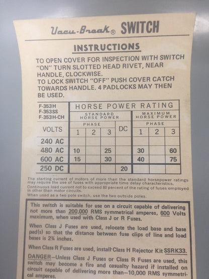 GOULD I-T-E F353H-CH FUSIBLE SAFETY SWITCH 600VAC 250VDC 100AMP 3PH 75HP 3 POLE