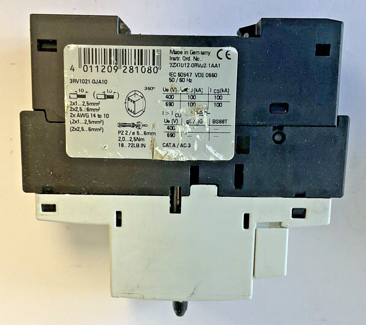 SIEMENS 3RV1021-0JA10 CIRCUIT BREAKER MOTOR CONTROL 12A 240V****LOTOF3****
