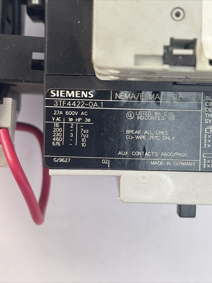 SIEMENS SIZE 1 STARTER(3TF4422-0A..1 CONTACTOR 600VAC 10HP 27A 3UA55001J* RELAY)