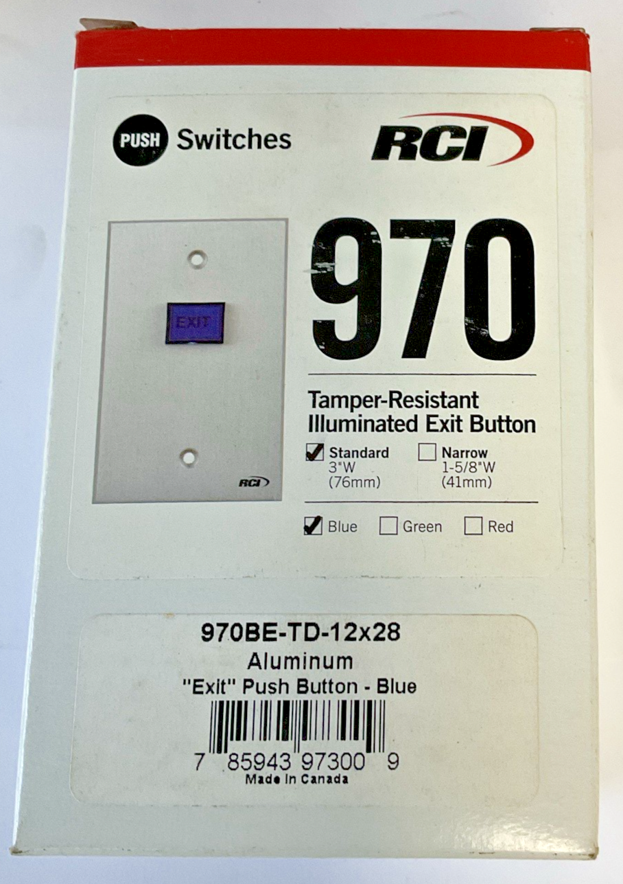 RCI 970BE-TD-12X28 ALUMINUM EXIT PUSH BUTTON BLUE 12V FRAME MOUNT