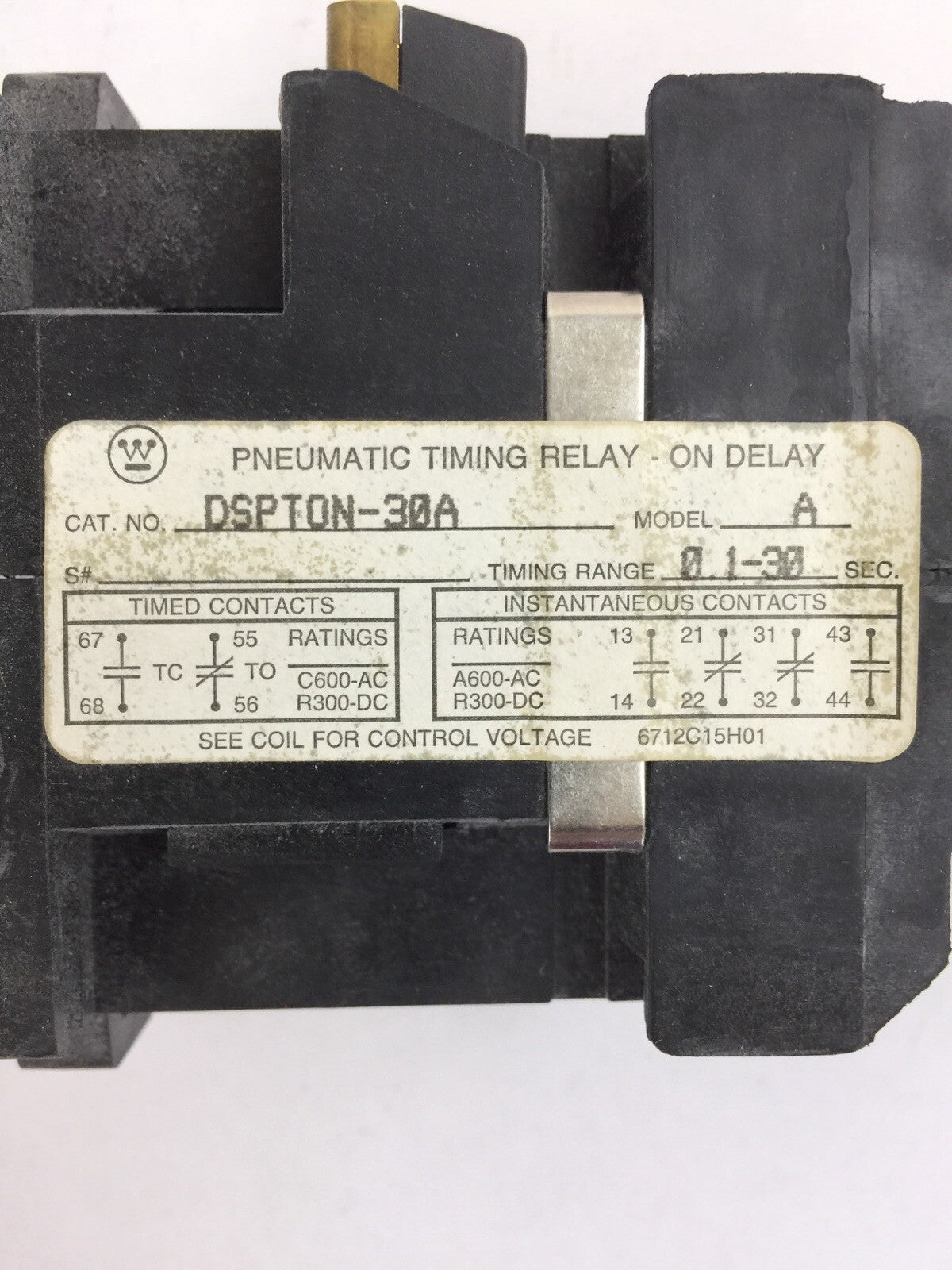 WESTINGHOUSE DSPTON-30A MODEL A PNEUMATIC TIMING RELAY 6P 0.1-30 SEC COIL 120V