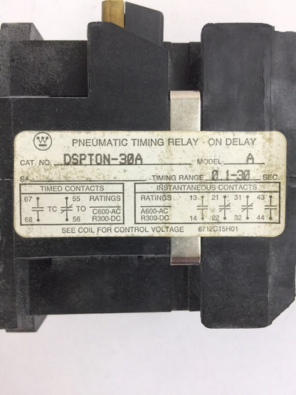 WESTINGHOUSE DSPTON-30A MODEL A PNEUMATIC TIMING RELAY 6P 0.1-30 SEC COIL 120V