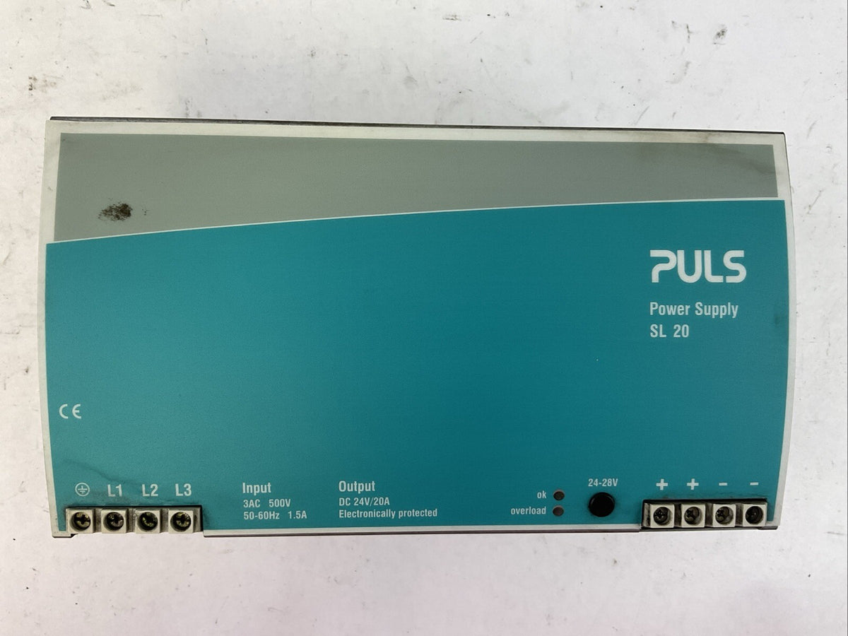 PULS SL 20 POWER SUPPLY OUTPUT 24VDC 20A INPUT 500VAC 50-60HZ 1.5A