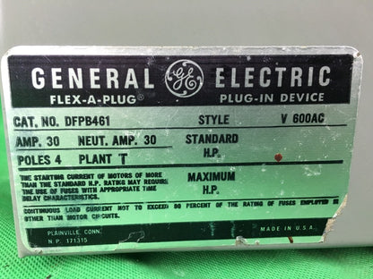 GENERAL ELECTRIC GE DFPB461 30 AMP 600V FUSIBLE GROUND BUS PLUG 4P FLEX-A-PLUG