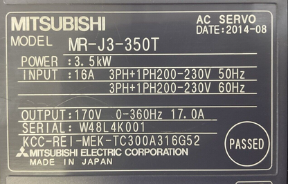 MITSUBISHI MR-J3-350T AC SERVO AMPLIFIER OUTPUT 170V 17A INPUT 16A 3PH+1PH200-