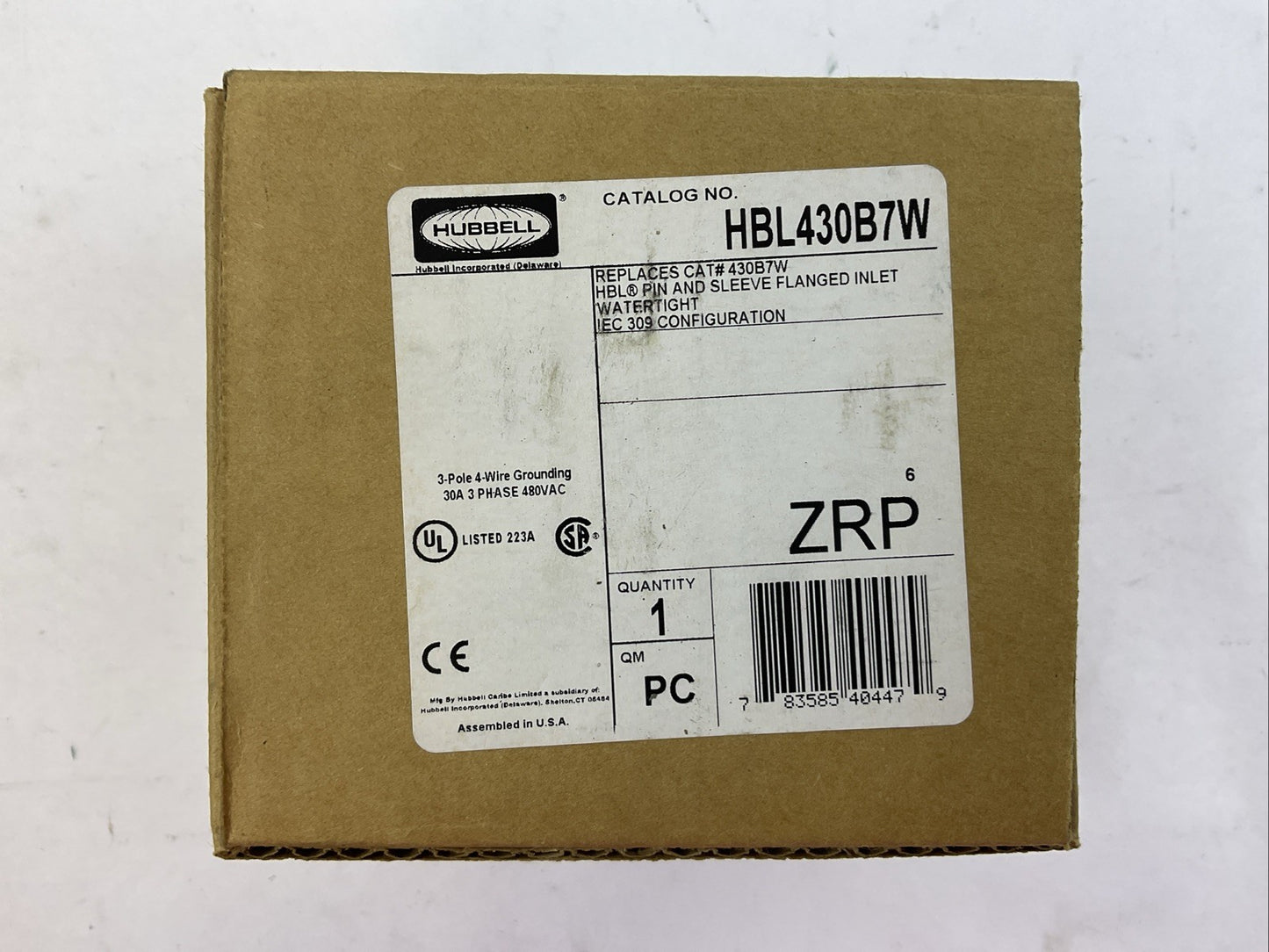 HUBBELL HBL430B7W PIN AND SLEEVE FLANGED INLET 3PHASE 480VAC 30AMP 3POLE