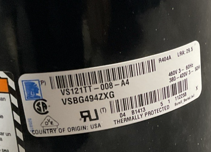 TECUMSEH VS121TT-008-A4 COMPRESSOR 460V 60HZ 2A524-1 R404A 3PH LRA29.5 VSBG49ZXG