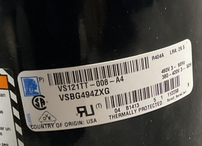 TECUMSEH VS121TT-008-A4 COMPRESSOR 460V 60HZ 2A524-1 R404A 3PH LRA29.5 VSBG49ZXG