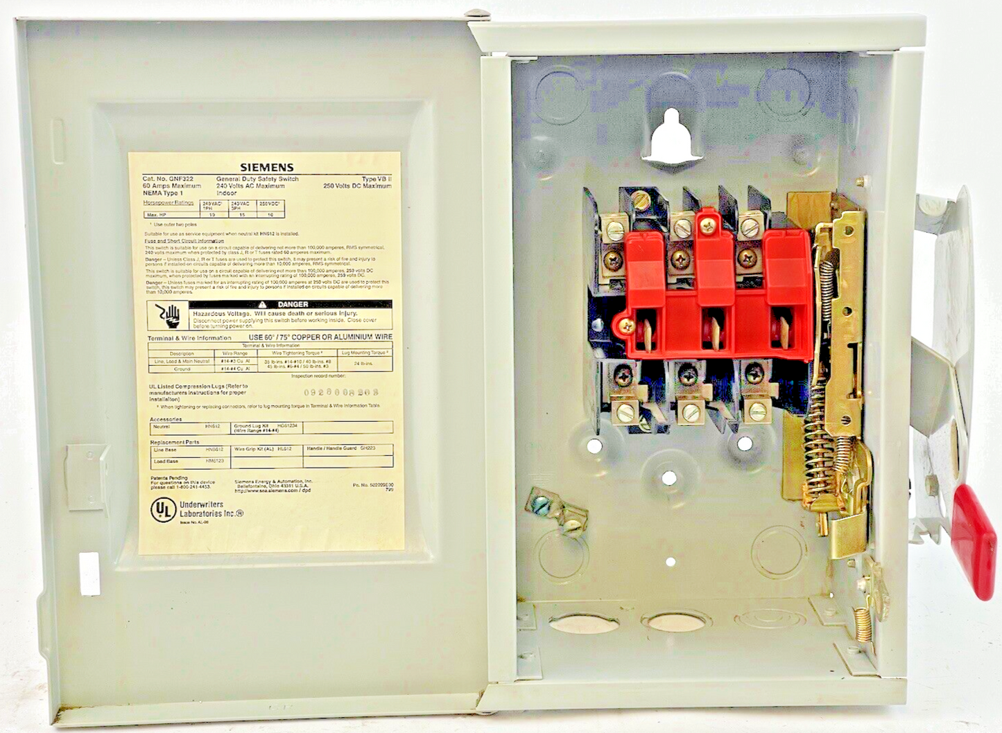 SIEMENS GNF322 SAFETY SWITCH 3P 60A 240VAC 250VDC NEMA 1 VBII