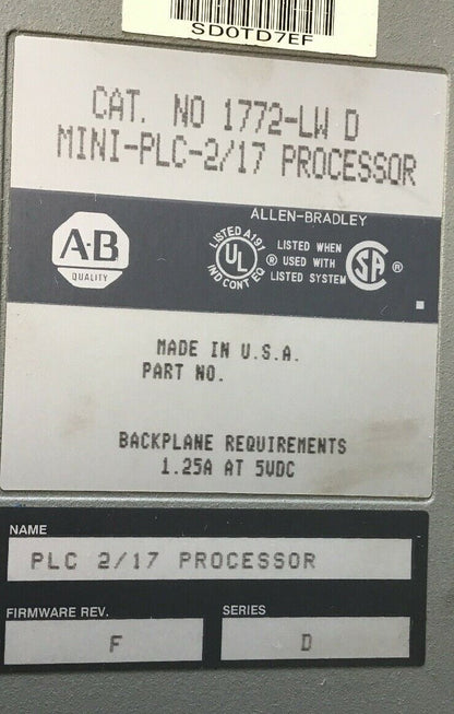 ALLEN BRADLEY 1772-LW D MINI-PLC-2/17 PROCESSOR 1.25A 5VDC SER.D REV.F