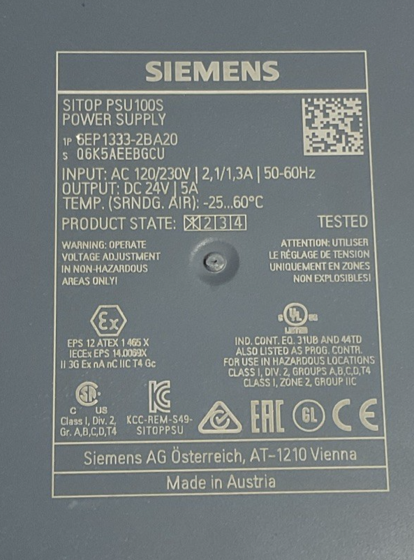 SIEMENS 6EP1332-2BA20 POWER SUPPLY 24VDC 5A 50/60HZ
