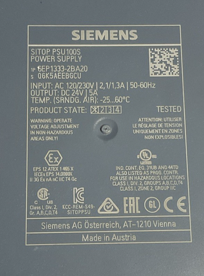 SIEMENS 6EP1332-2BA20 POWER SUPPLY 24VDC 5A 50/60HZ