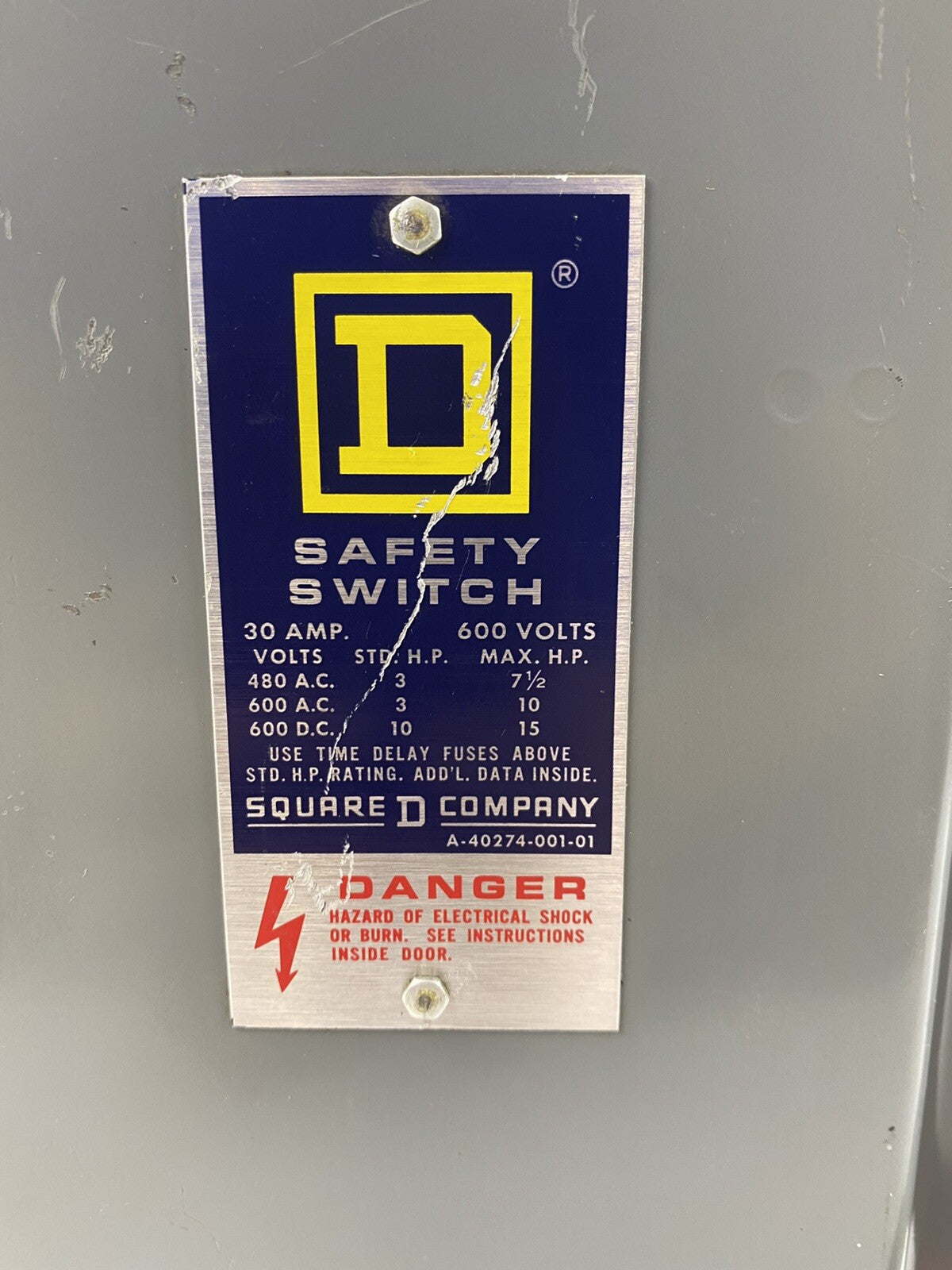 Square D H-261 Series E1 30A 600V Safety Switch
