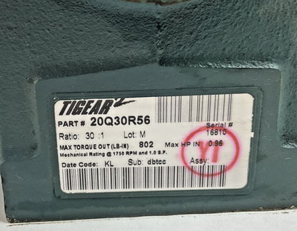 DODGE TIGEAR 20Q30R56 GEAR REDUCER 30:1 1750RPM 0.96HP *HAS SHELF WEAR*