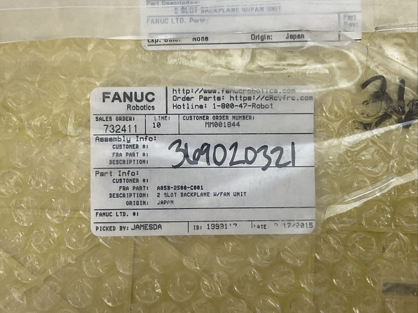 FANUC A05B-2500-C001 2 SLOT BACKPLANE W/FAN UNIT