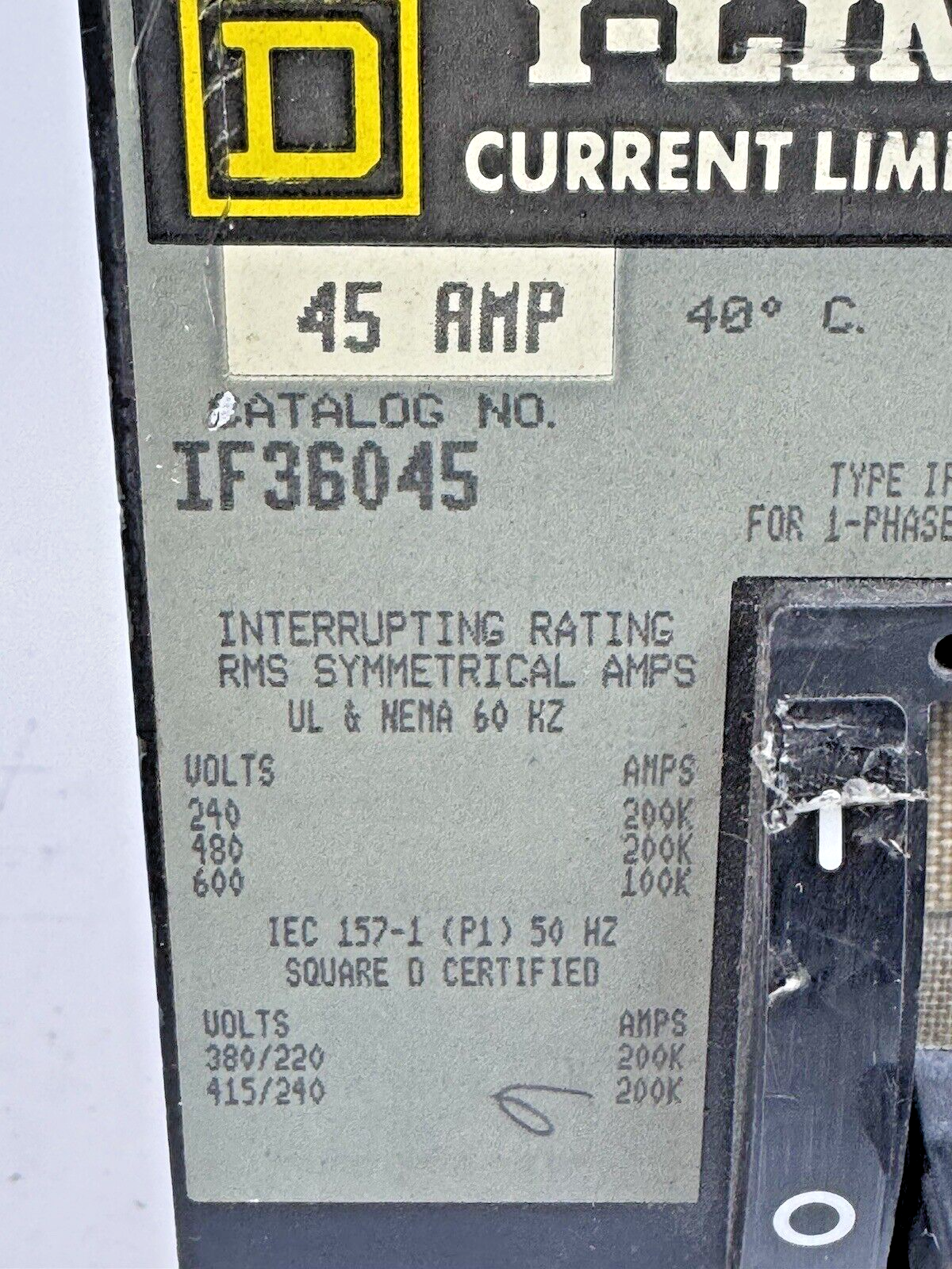 SQUARE D - IF36045 - I-LIMITER CIRCUIT BREAKER - 45 AMP, 3 POLE, 600 VAC
