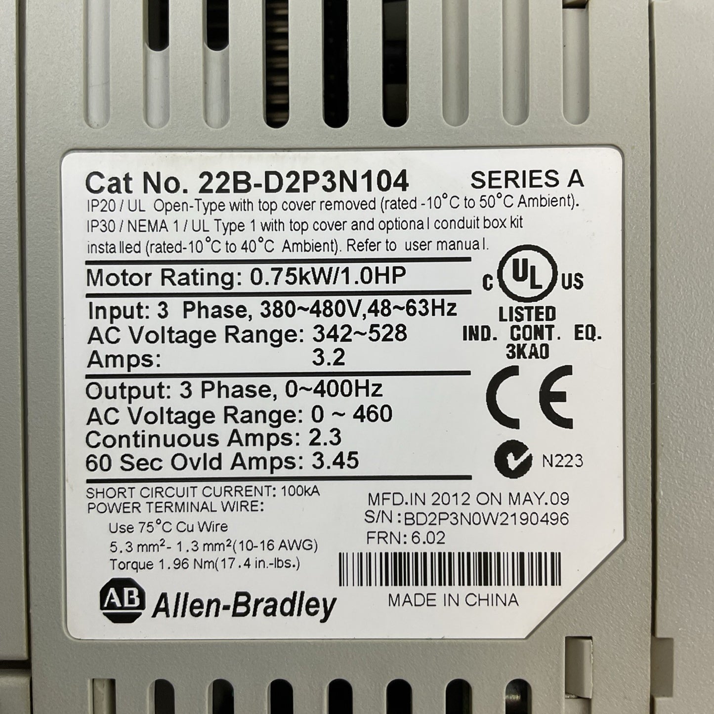 ALLEN BRADLEY 22B-D2P3N104 SER.A  AC DRIVE 0.75kW/1.0HP OUTPUT 0-460VAC