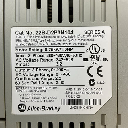 ALLEN BRADLEY 22B-D2P3N104 SER.A  AC DRIVE 0.75kW/1.0HP OUTPUT 0-460VAC