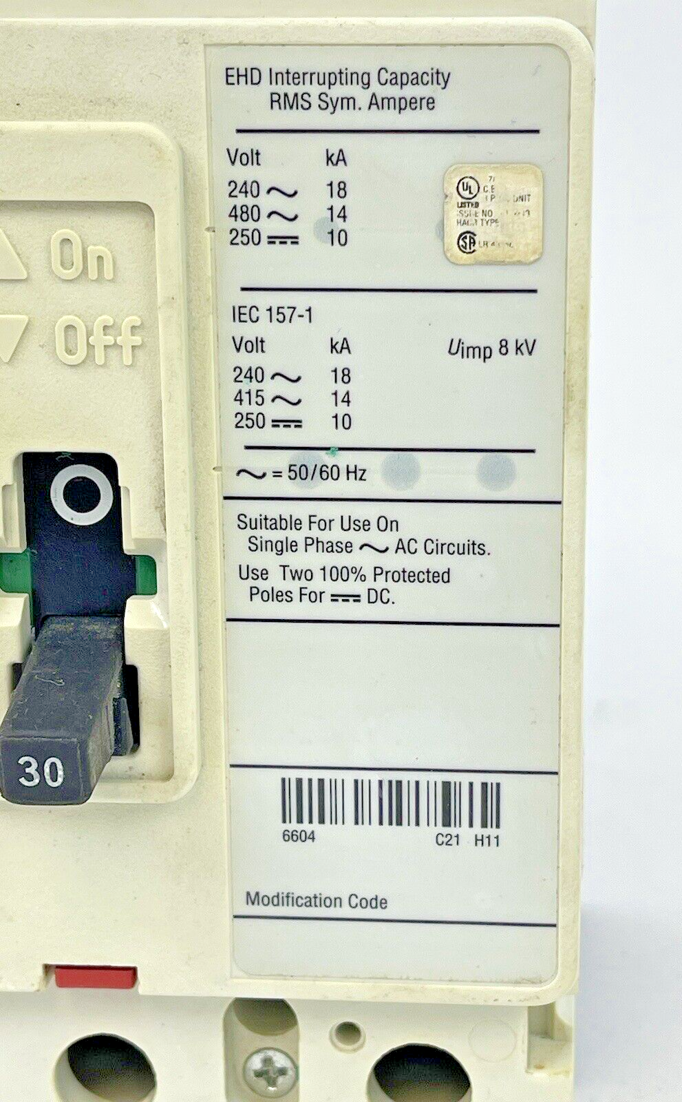 EATON CUTLER-HAMMER - EHD3030 - 30A, 480V EHD 14k CIRCUIT BREAKER - PRE-OWNED