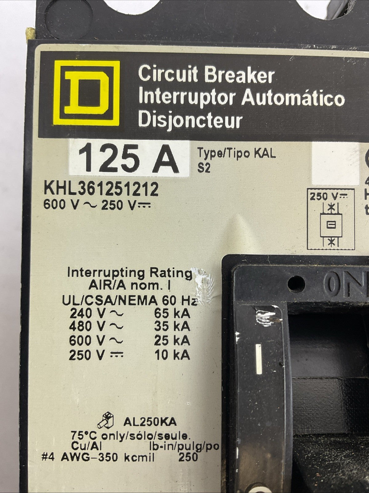 SQUARE D KHL361251212 CIRCUIT BREAKER 125A 600VAC 250VDC 3POLE TYPE S2