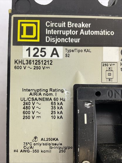 SQUARE D KHL361251212 CIRCUIT BREAKER 125A 600VAC 250VDC 3POLE TYPE S2