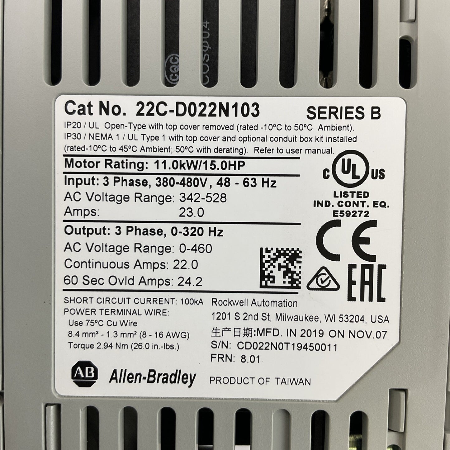 ALLEN BRADLEY POWERFLEX 400 22C-D022N103 SER B FRN 8.01 AC DRIVE OUTPUT 0-460VAC