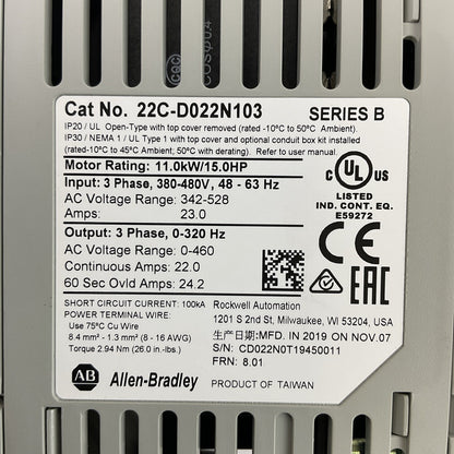 ALLEN BRADLEY POWERFLEX 400 22C-D022N103 SER B FRN 8.01 AC DRIVE OUTPUT 0-460VAC